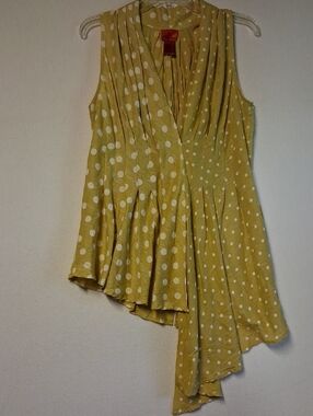 Christina V Yellow Polka Dot Asymmetrical Draped Tunic Antopology Low V Neck